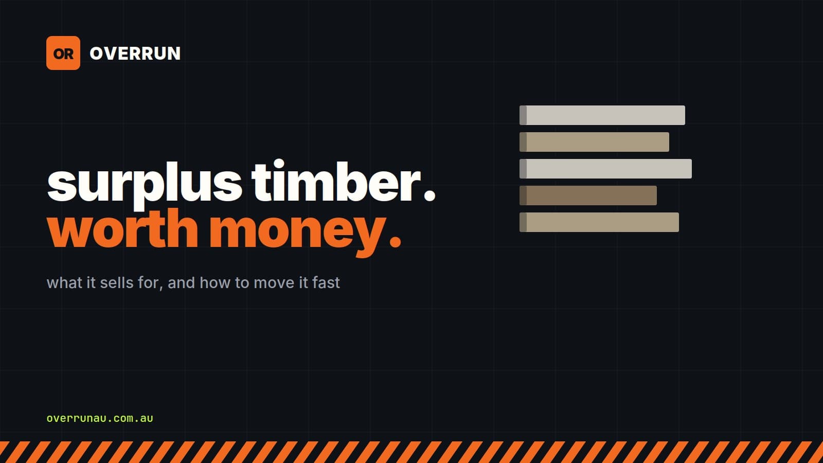 Overrun title card reading "surplus timber, worth money - what it sells for, and how to move it fast", beside a stack of timber lengths