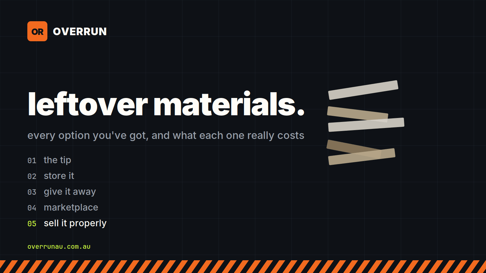 Overrun title card reading "leftover materials - every option you've got, and what each one really costs", numbering the tip, store it, give it away, marketplace and sell it properly